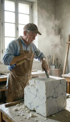 Documentary-style photograph, natural and observed, Italian marble sculptor's wo