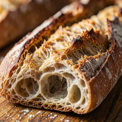 Fresh bread crust looking crispy and warm with soft interior visible