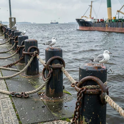 Port city documentary photograph, A row of bollards on a quay edge, worn smooth 