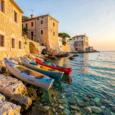 Adriatic limestone warmth, Dubrovnik honey stone, Kayaks pulled up on rocky shor