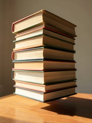 Books stacked but with 2-inch gaps between each, hovering, afternoon reading lig