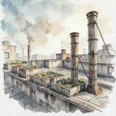 Atmospheric watercolor of an industrial rooftop with raised beds against vent st