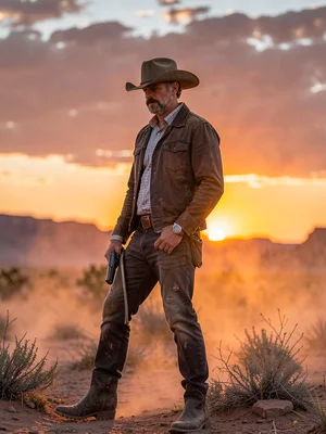 Cowboy against sunset dust