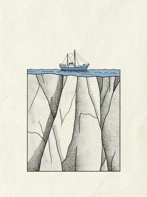 Vertical cross-section of an iceberg drawn in stippled tone shows one slate-blue