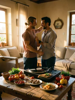 Couple slow dancing in living room, record player spinning, evening light