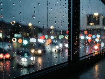 Window with rain drops, city lights distorted through water and glass, nocturnal