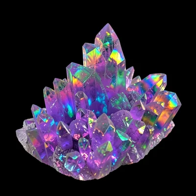 Bismuth crystal macro, rainbow iridescent staircase formations, black background