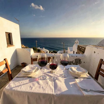 Mediterranean summer photograph, August dry heat, A taverna table at golden hour