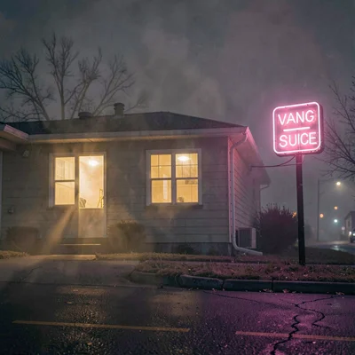 Roadside motel at 3am with one warm window glowing through ash haze, neon vacanc