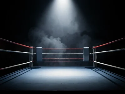 Empty boxing ring under single spotlight, ropes casting shadows, smoke in air