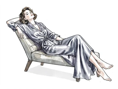 Model reclining silk robe