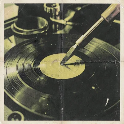 A record player needle resting on vinyl, extreme close-up of the groove