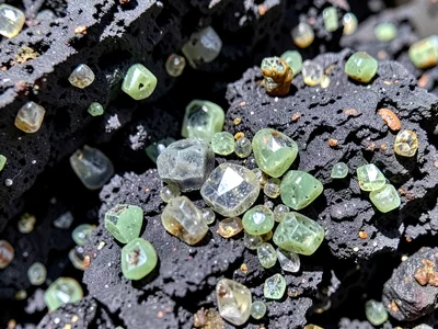 Olivine crystals embedded in dark basalt matrix