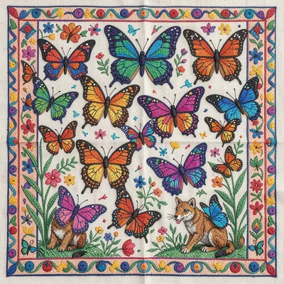 Otomi Tenango embroidery illustration, butterflies of many colors flying togethe