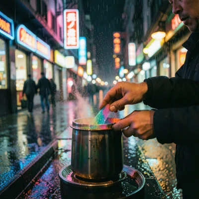 Hands applying colored glass powder to a hot vessel before rolling