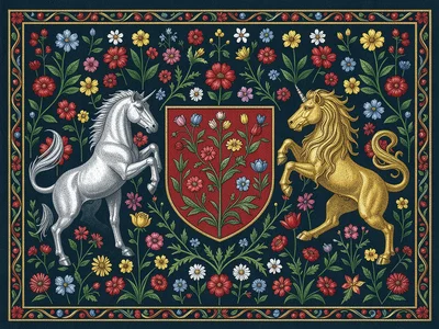 Unicorn and Lion Flanking Heraldic Shield
