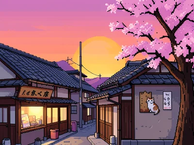 A pixel art sunset over a small Japanese town: tiled rooftops, ramen shop with w