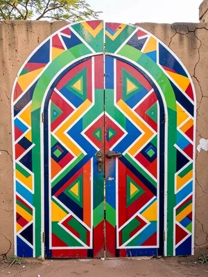Painted gate in a homestead wall — symmetrical geometric arch design, frontal vi