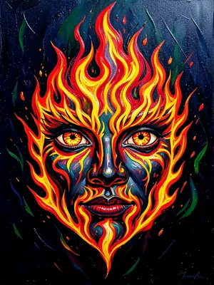 Face made of fire, features formed by flame shapes, ember eyes, dark background