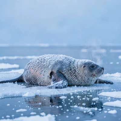 Arctic conditions photograph, extreme cold environment, A seal hauled out on an 