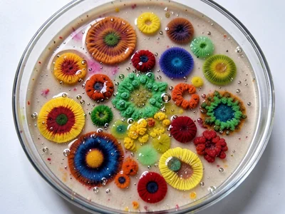 Agar surface with condensation droplets, moisture beads creating lens effect ove