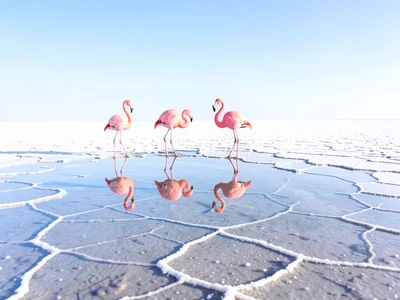 Flamingos standing on salt flat — pink birds reflected in still water, legs just
