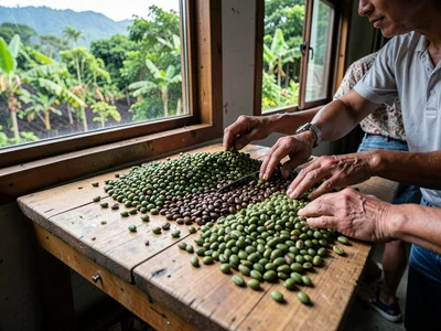 Green Coffee Beans Hand-Sorted on Long Wooden Table