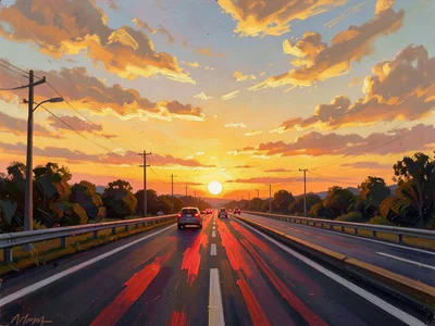 Highway at sunset in impressionist style, taillights as red brushstrokes, golden