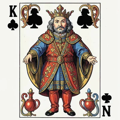 Playing card face illustration, Court card figure holding four suit symbols , co