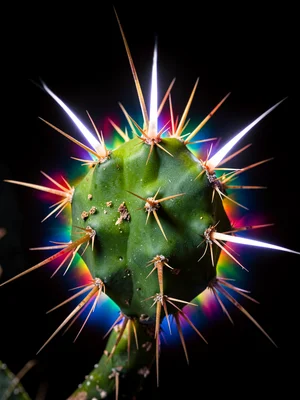 A cactus pad with needles, each spine tipped with a sharp hot-white plasma point