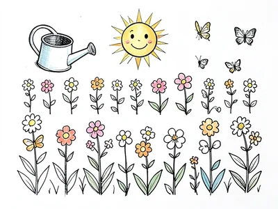 A doodle garden: rows of flowers drawn in simple shapes, a watering can, sun wit