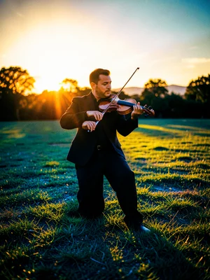 A violinist playing outdoors at sunset, warm golden light on the instrument, lon