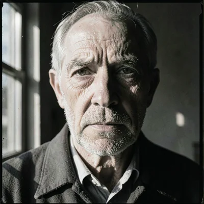 Weathered face of an older man looking directly into camera, window light on one