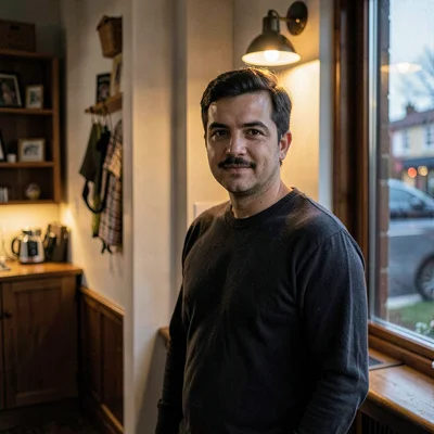 Portrait of a small business owner standing in a quiet shop entry at closing tim