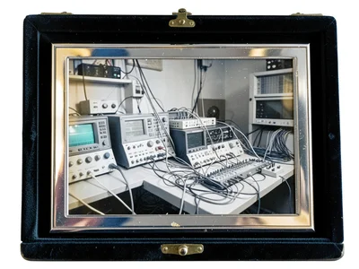 A bank of oscilloscopes and signal generators on a test bench with tangled probe