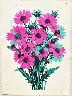 A bouquet of wildflowers in fluorescent pink and teal, the two colors overlappin