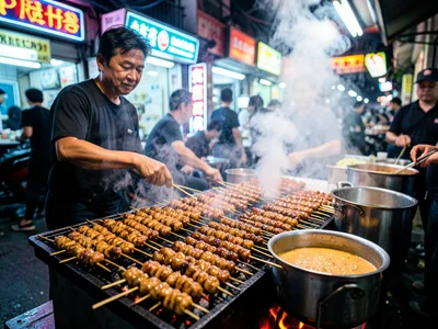 A satay vendor in Singapore, dozens of marinated skewers over a long charcoal tr