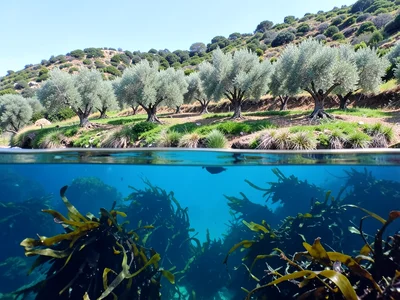 Olive grove on hillside that transitions to kelp forest underwater, split level