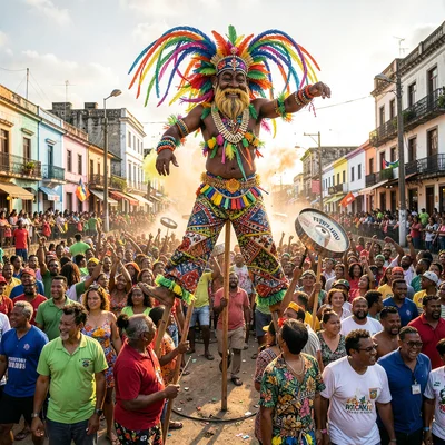 Carnival saturation explosion in Port of Spain, Trinidad, Moko Jumbie on stilts 