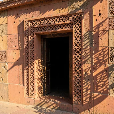 Afternoon sun through mashrabiya lattice in Lamu, Kenya, Ancient mosque entrance
