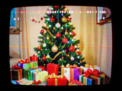 VHS pause of Christmas morning recording, gifts and tree visible through scan li