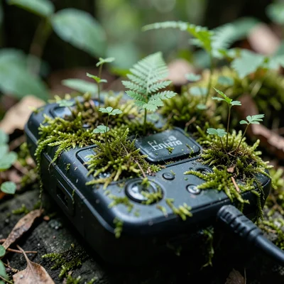 Phone screen growing moss and tiny ferns, nature reclaiming device, macro