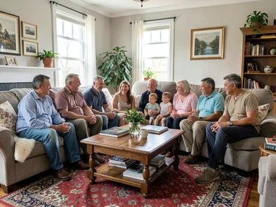 Living room with family gathered, all in frame