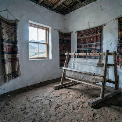 Documentary photograph with Guatemalan highland aesthetic, Interior of adobe hou