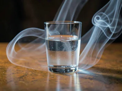 A cold glass of water on a warm surface, chill air rolling down the sides as vis