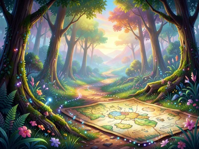 Forest trail photo transitioning to fairy tale map illustration with dotted path