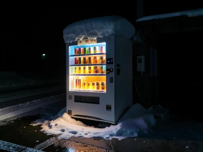 A vending machine partially buried in snow at a ski resort bus stop, snow accumu