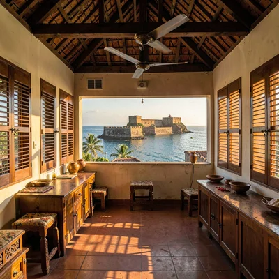Galle fort golden hour, Dutch colonial tropical, Antique shop interior in coloni