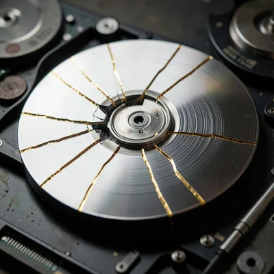 Shattered hard drive platter with gold seams, concentric data rings still visibl