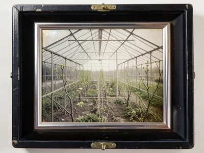 Industrial greenhouse in spring, metal framework with new growth, antiqued tones